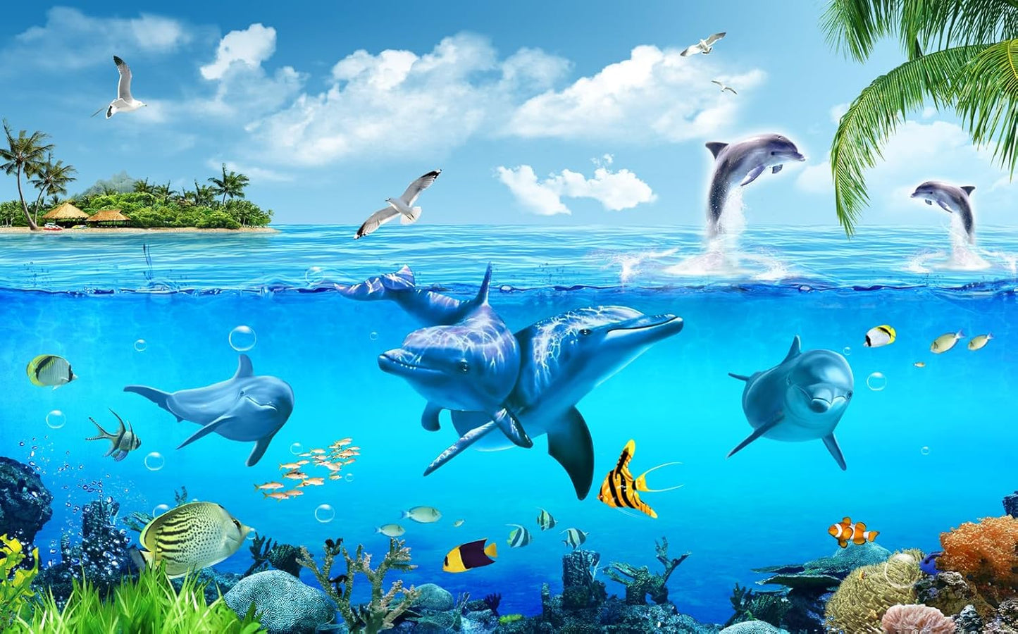 Ocean Wallpaper White Gull Dolphin Wall Mural for Bedroom Living Room (Not Peel n‘ Stick)