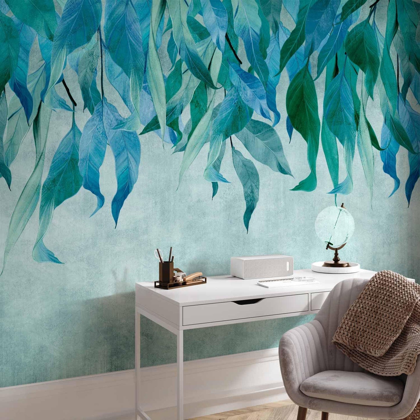 artgeist Wall Mural Hanging Leaves 193x138 in - Peel and Stick Self-Adhesive Wallpaper Removable Large Sticker Foil Wall Decor Print Picture Image Design Nature Botanical Concrete Green b-C-10146-a-b