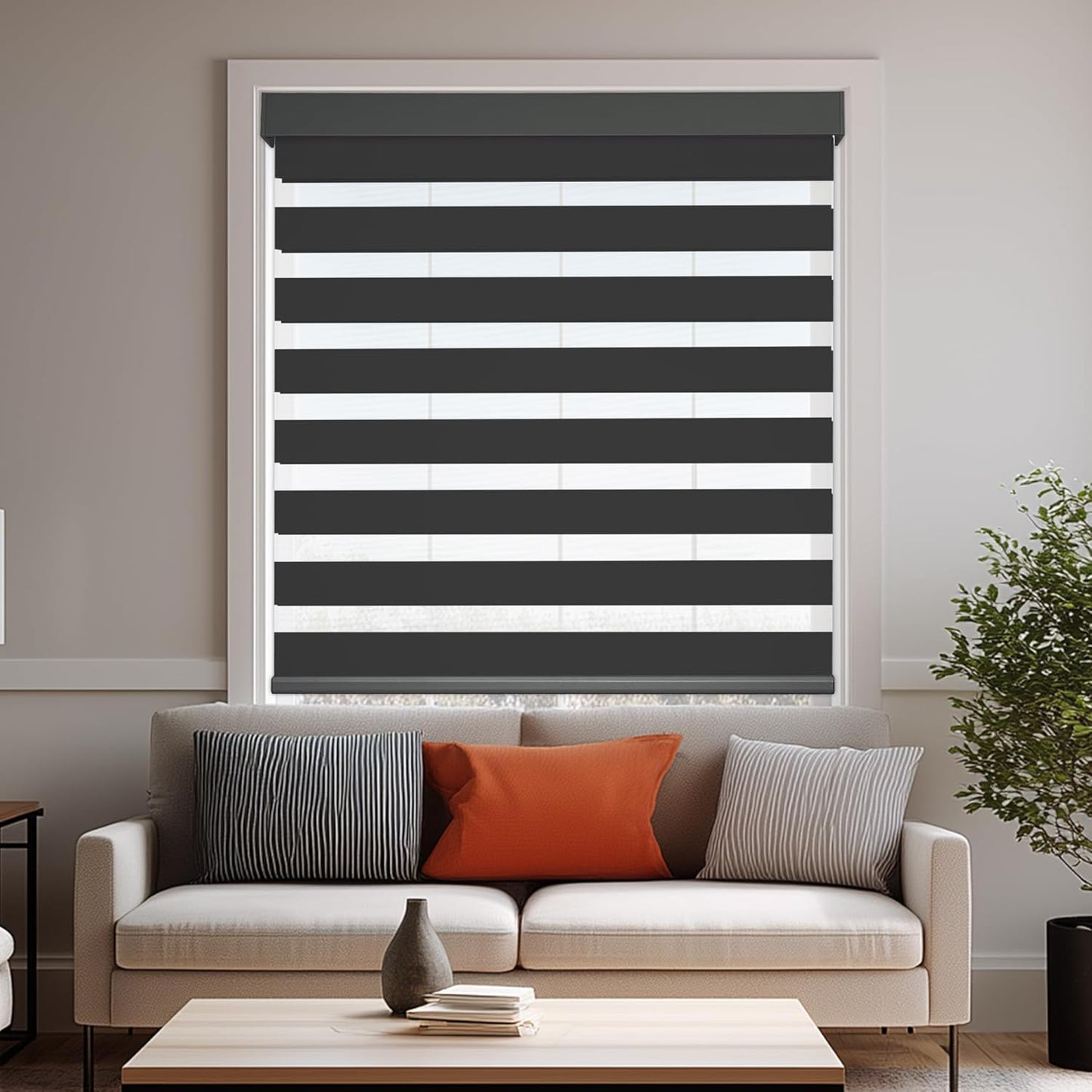 HESTIA Cordless Zebra Blinds Light Filtering Roller Shades UV Blocking Blackout Privacy Indoor Window Shades for Home Office Day and Night, Black,49" W x 54" H
