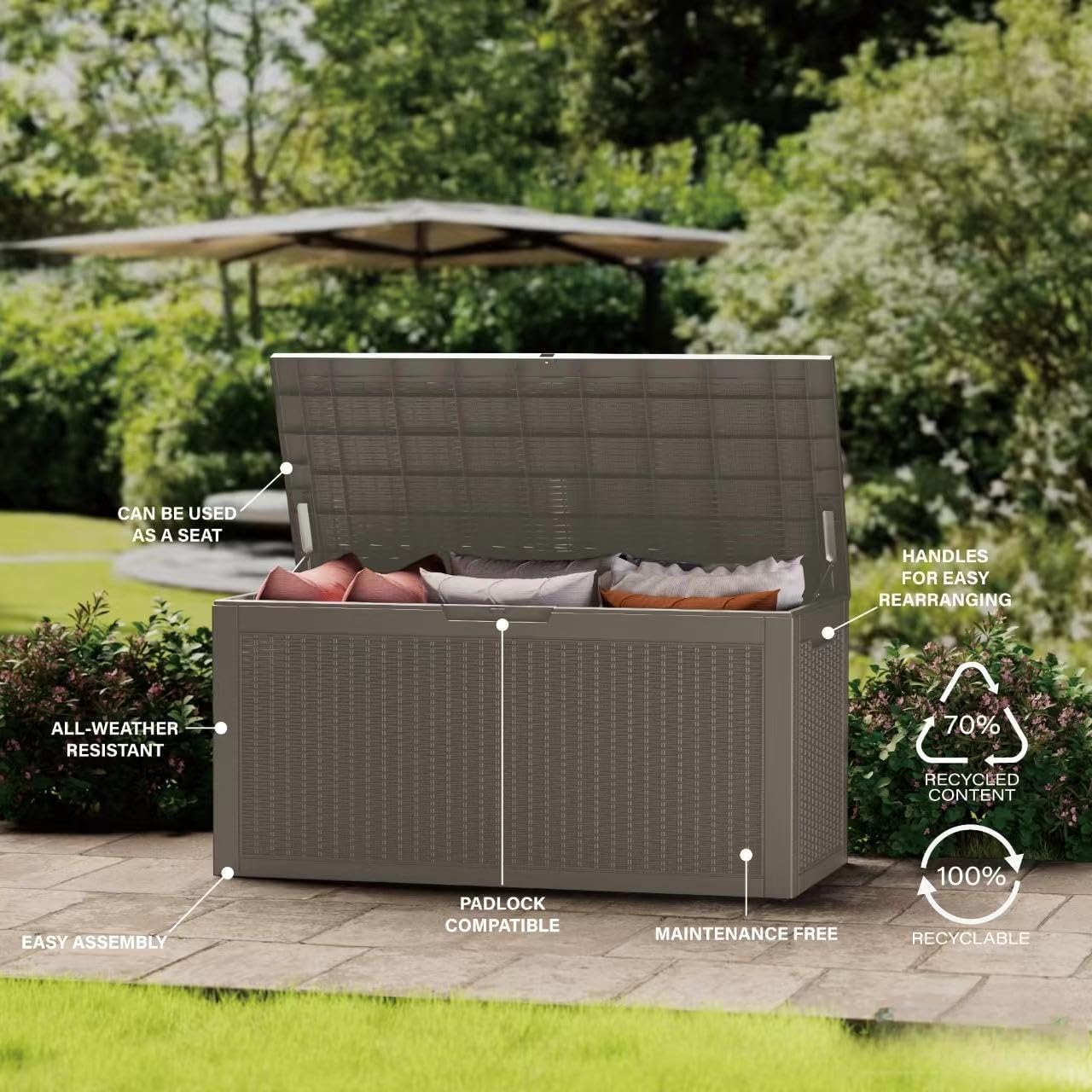 100 Gallon Resin Deck Box, Waterproof Outdoor Storage Bin for Patio Furniture, Pool Accessories, and Garden Tools, Lockable & UV-Resistant, Grey