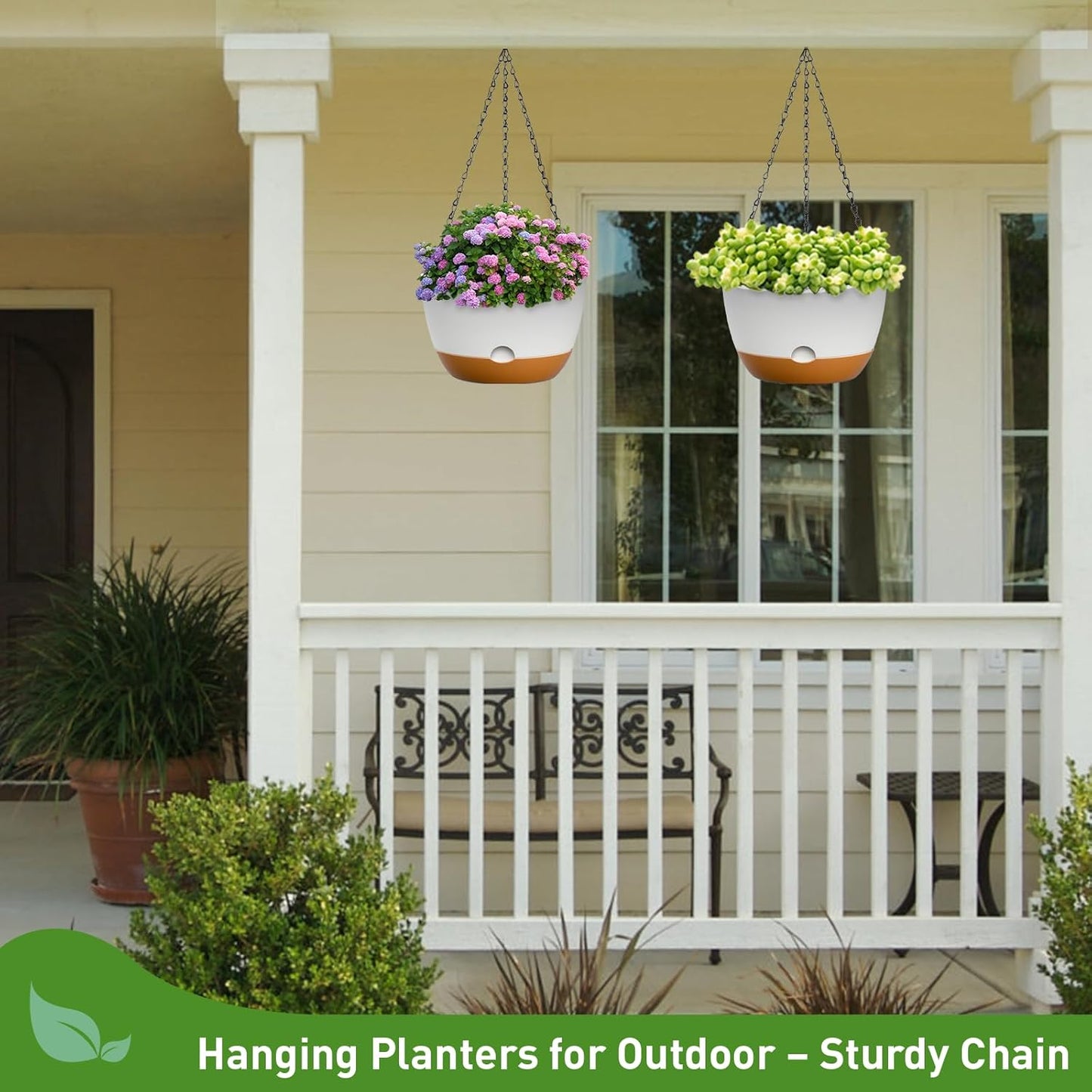 10 Inch Hanging Planters for Indoor & Outdoor Use (2 Pack) - Self-Watering & Drainage Flower Pots with Chain & Macrame Hangers (White, 10 in)