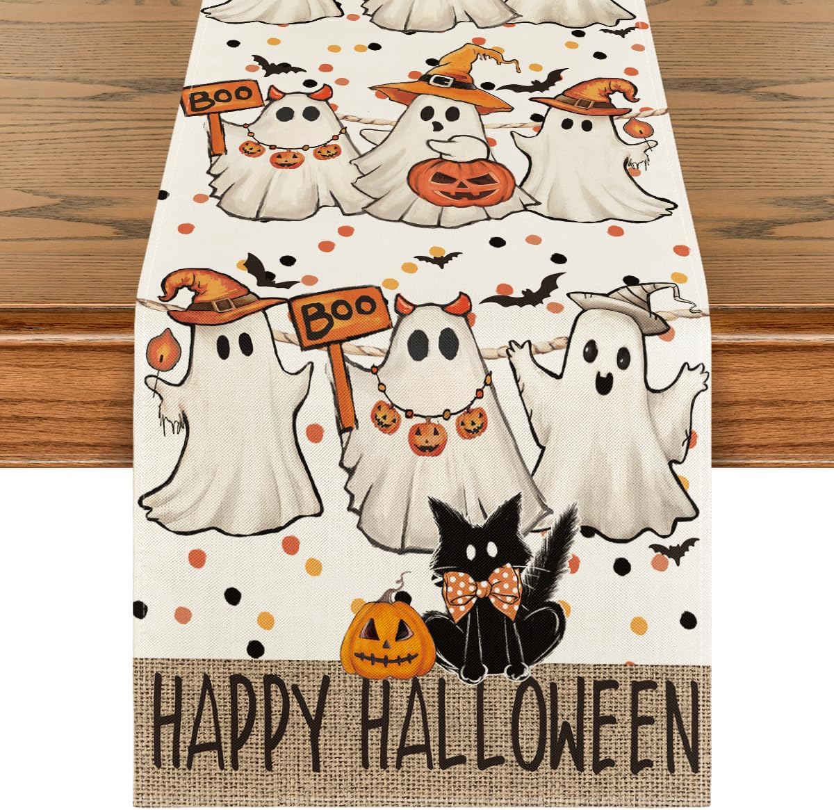 Artoid Mode Beige Ghost Jack-O'-Lantern Black Cat Halloween Table Runner,Holiday Kitchen Dining Table Decoration for Home Party Decor 13 x 48 Inch