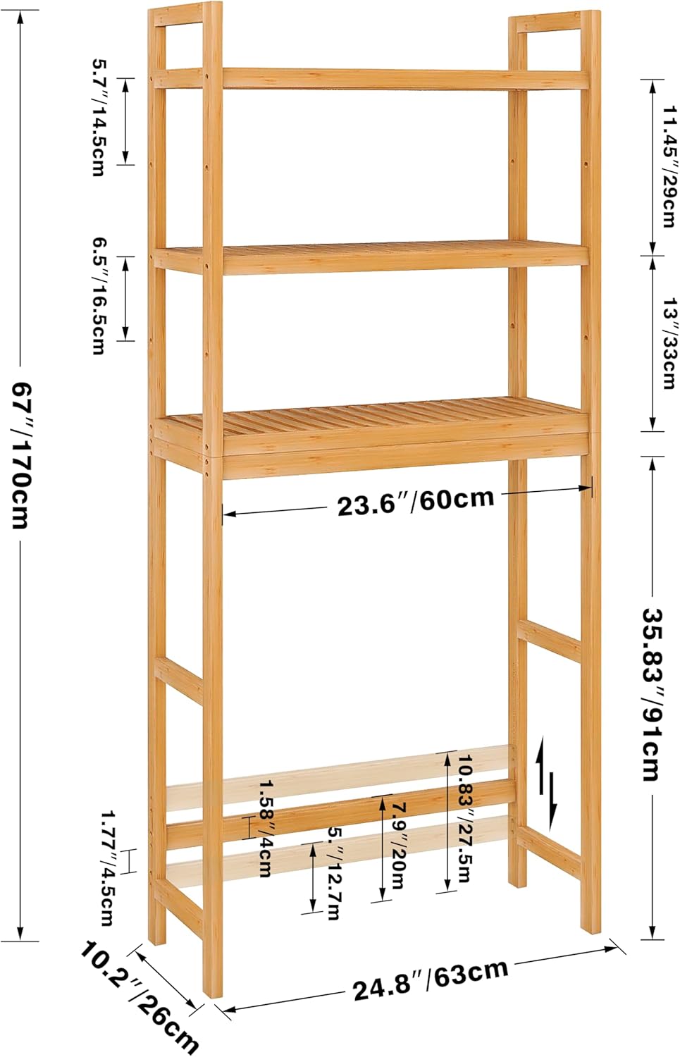 SMIBUY Bathroom Storage Shelf, Bamboo Over-The-Toilet Organizer Rack, Freestanding Toilet Space Saver with 3-Tier Adjustable Shelves (Natural)
