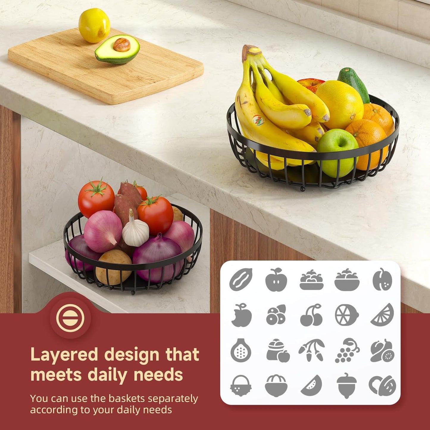 2 Tier Fruit Basket for Kitchen Counter with 2 Banana Hangers, 2025 Pro Detachable Metal Fruit Bowl with Wooden Handle,Fruit Holder for Bread Snack Veggies, Black Extra Large