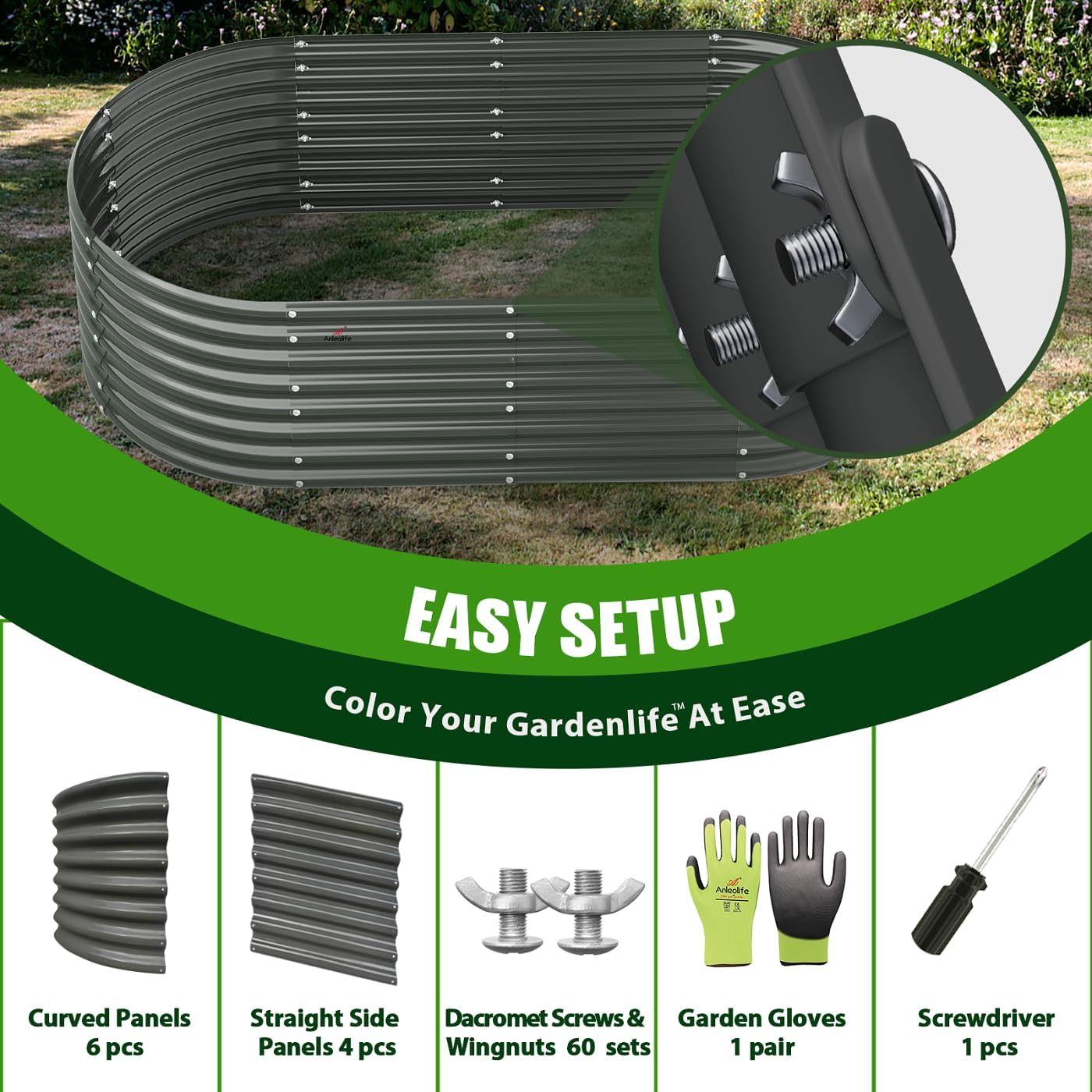 A ANLEOLIFE 6X3X2 ft Galvanized Raised Garden Beds Outdoor-6 Pack, Oval Large Metal Deep Root Planter Box for Planting Vegetables Flowers Herb, Anti-Rust & Easy-Setup, Quartz Grey