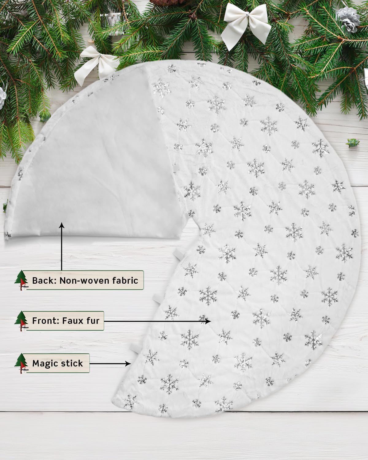 COOLWUFAN 72 Inches Christmas Tree Skirt for Xmas Tree Holiday Party Decorations White Plush Silver Sequin Snowflake (Silver)