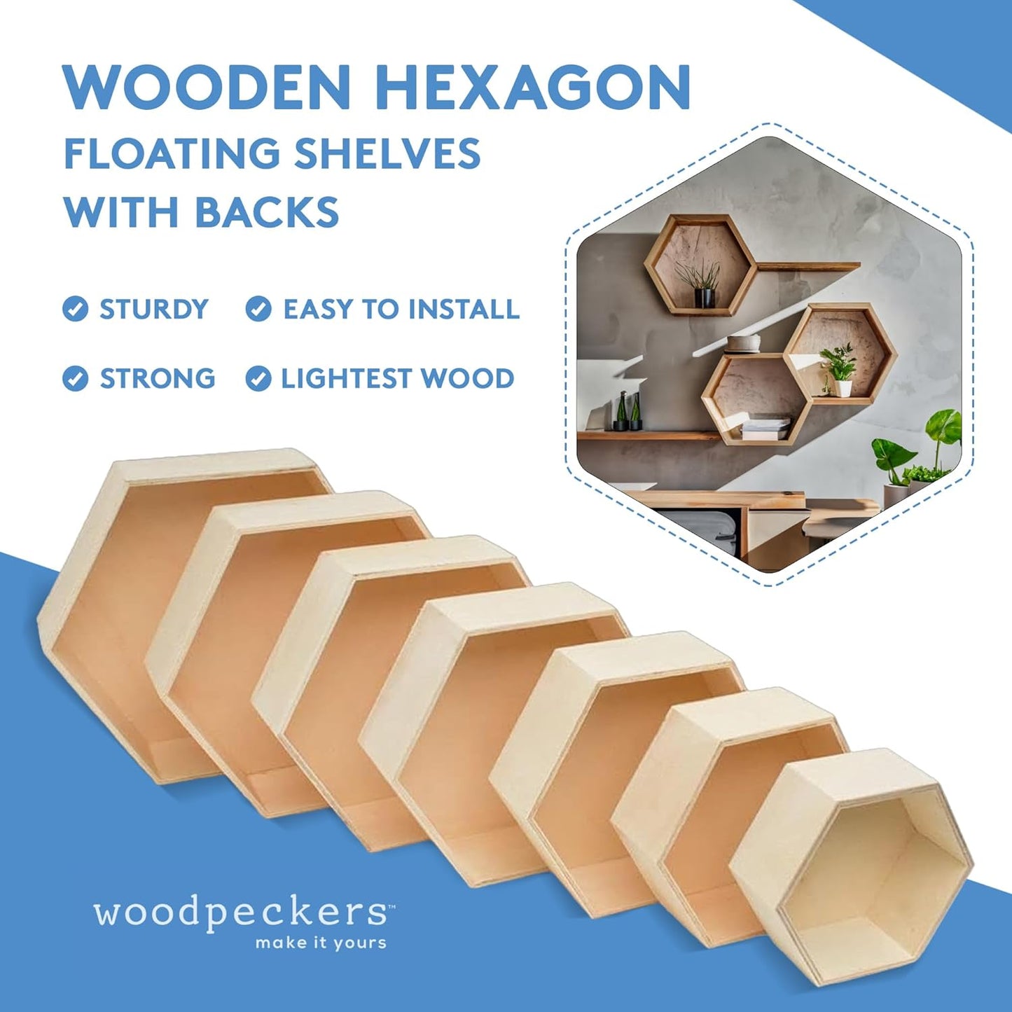 Wooden Hexagon Floating Shelves with Backs, Set of 7, Unfinished for Crafts and DIY Wall Décor: Modern, Geometric, Rustic, or Honeycomb, by Woodpeckers