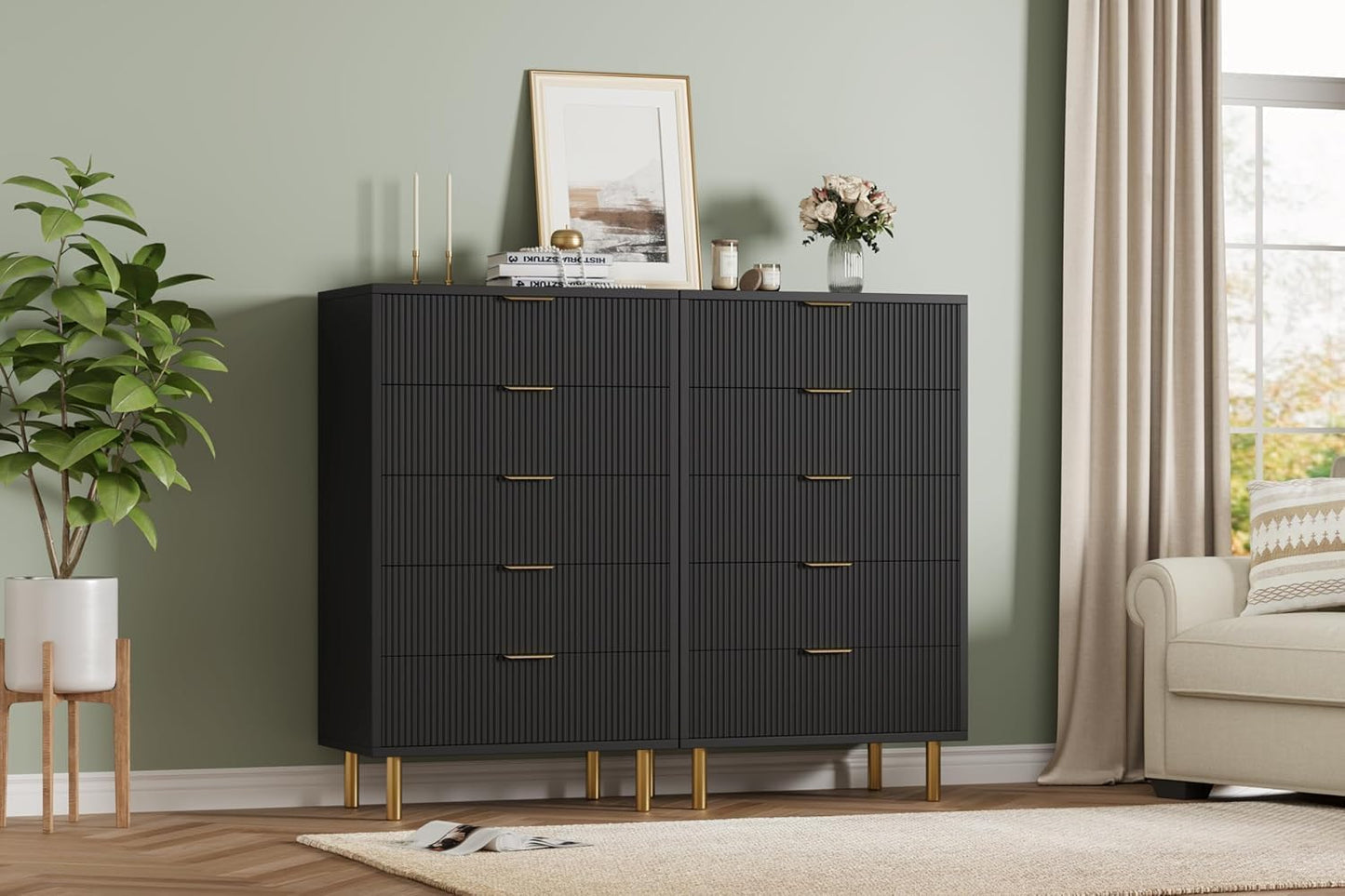 GAOMON 5 Drawer Dresser, Wood Chest of Drawers Organizer Storage with Gold Handle, Tall Storage Cabinet, Modern Design Dresser for Bedroom, Living Room, Closet, Hallway, Entryway, Black