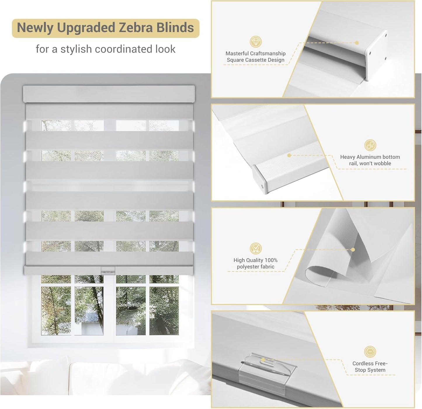Cordless Zebra Blinds for Windows, Blackout Interior Blinds,Easy to Install,UV Protection,for Offices and Home,Custom Roller Shades, Solid White, 66" W x 80" H