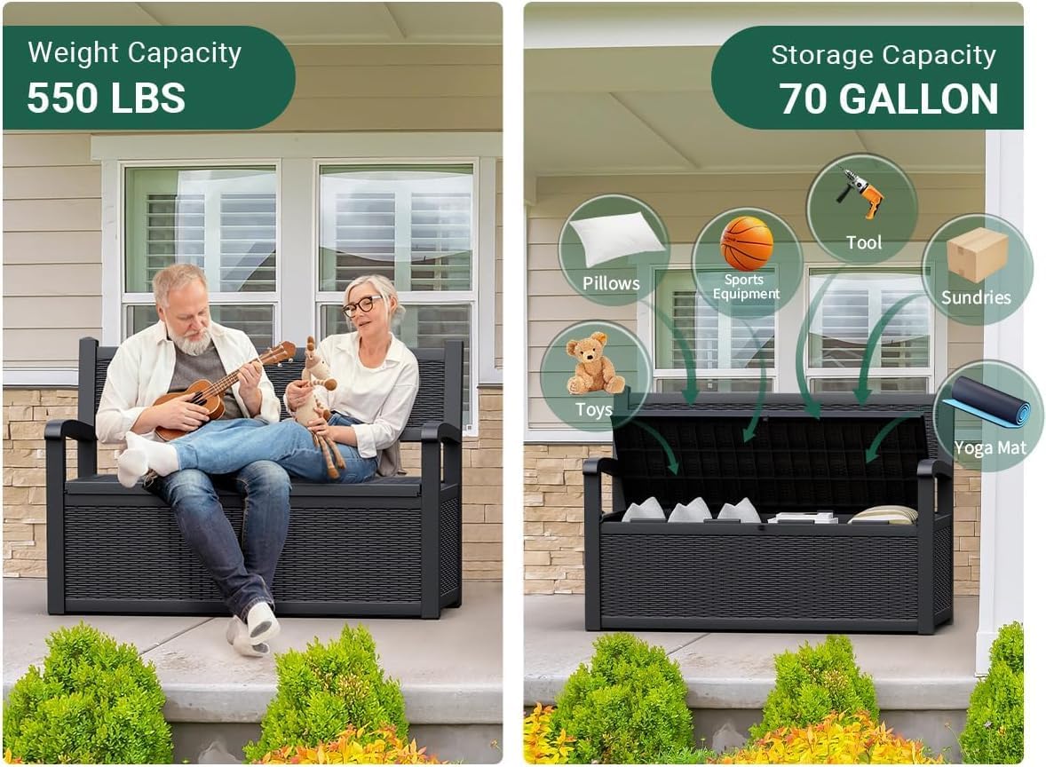 70 Gallon Lockable Outdoor Storage Bench Waterproof, Deck Box Bench for Patio, Porch, Garden, Poolside, Stores Tools & Pool Supplies, Heavy-Duty Outdoor Bench with Storage, Black