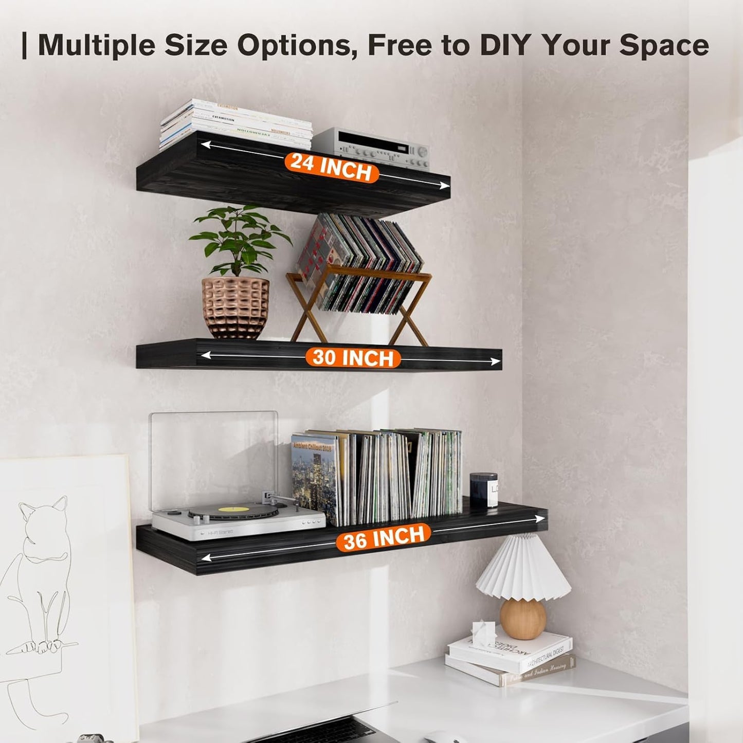 Floating Shelf, Set of 2 Wall Shelf, 24 in W x 12.75 in D x 2 in H Wooden Floating Wall Shelf with Invisible Brackets for Living Room/Bedroom/Bathroom/Kitchen Storage and Decor, Black Wood