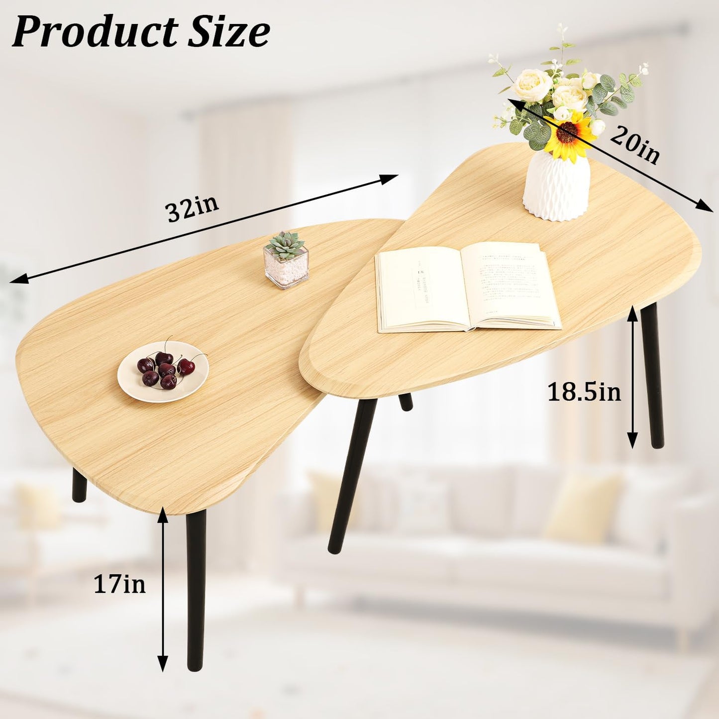 Wood Nesting CoffeeTable Set of 2 Irregular Accent Table for Living Room Bedroom Industrial Small Stacking Side Tables for Couch,Natural