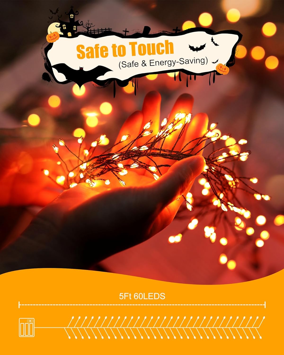 Fairy Lights Battery Operated, Twinkle String Lights Waterproof Silver Wire 5 Feet 60 Led Firecracker Starry Lights for DIY Wreath Home Party Bedroom Mason Jar Indoor Halloween Decoration, Orange