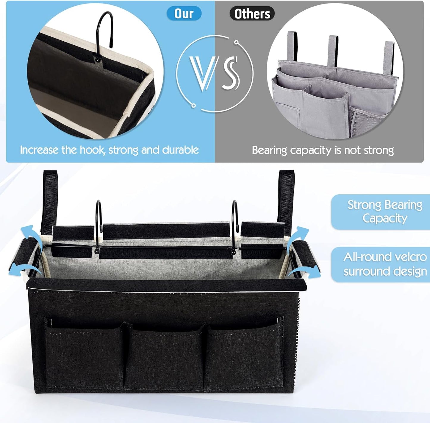 Bedside Storage Caddy/Bedside Hanging Storage Bag for Headboards Bunk Beds Dorm Rooms Book Phone Magazine Holder (New Black)