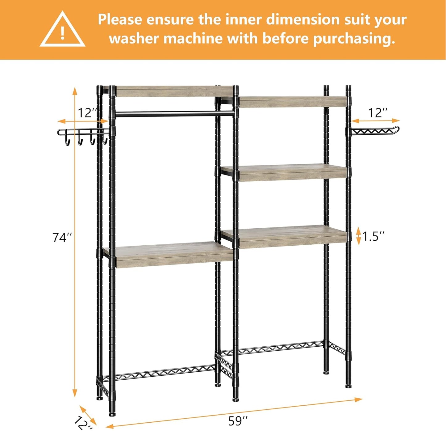 Double Row Over Washer and Dryer Storage Shelves, Laundry Room Organization and Storage, Heavy Duty Laundry Room Shelves, with Adjustable Height, 5-Tier