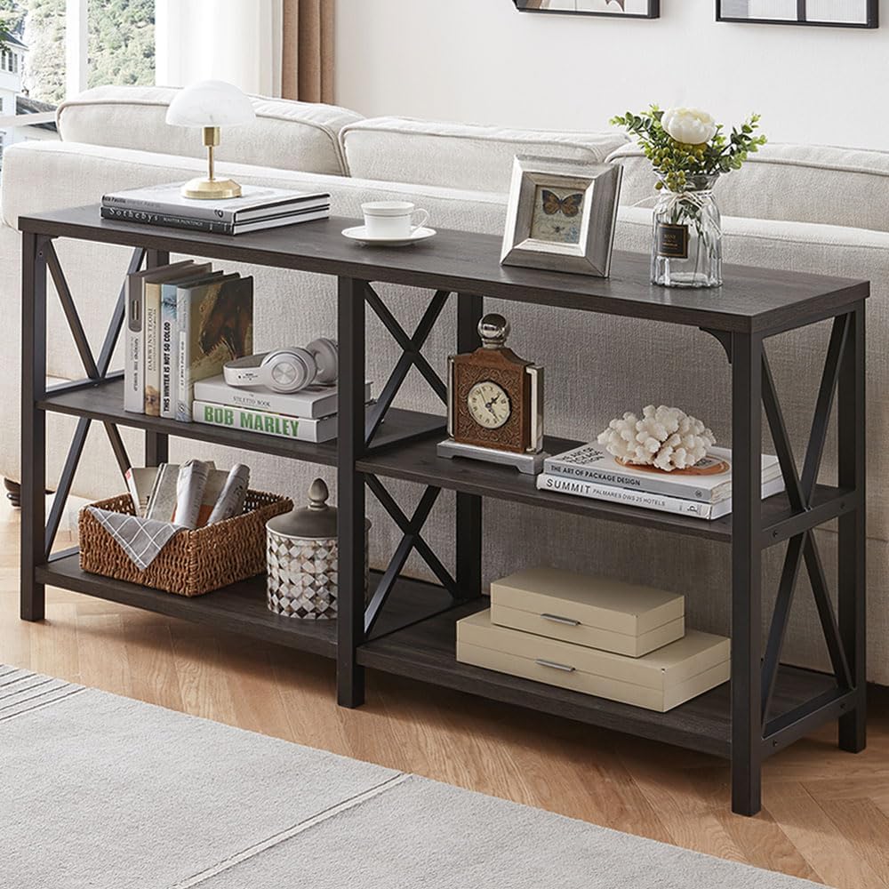 LVB Rustic Console Table, Industrial Modern Sofa Table Behind Couch, Long Metal Wood Entryway Table with Storage Shelf, Farmhouse Foyer Hallway Table for Home Living Room Bedroom, Dark Gray Oak, 63 in