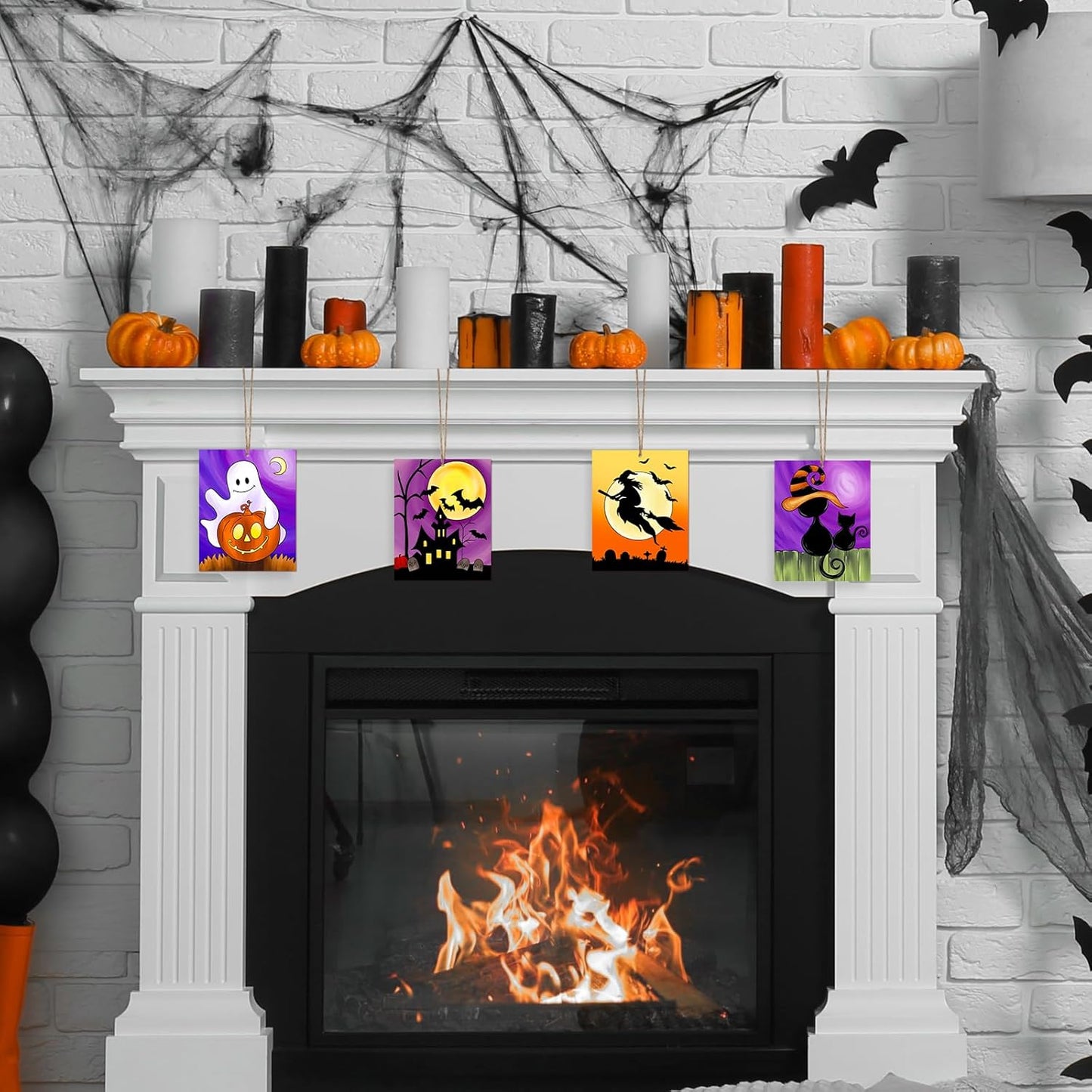 COCHIE 10PCS Large Halloween Unfinished Wood Crafts to Paint for Adults Kids, Bulk Predrilled Wooden Ornaments for Painting, Ghost Witch Bats Paintable Wood Slices Craft Supplies with Ropes