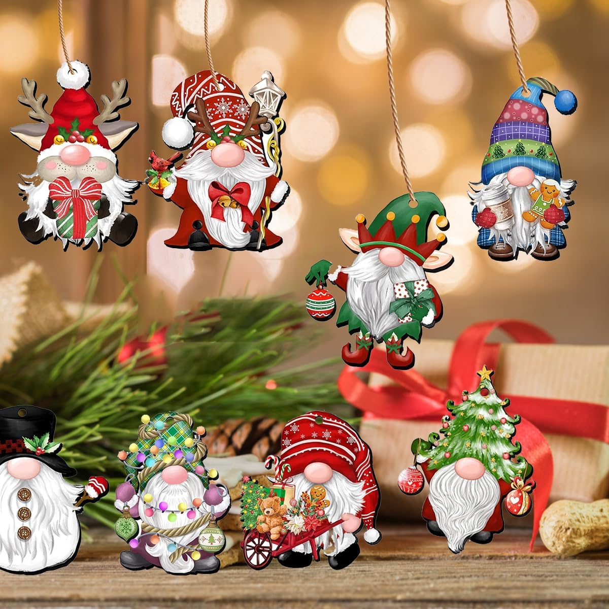 24 Wooden Gnome Ornaments for Christmas Tree, Party Decorating Supplies