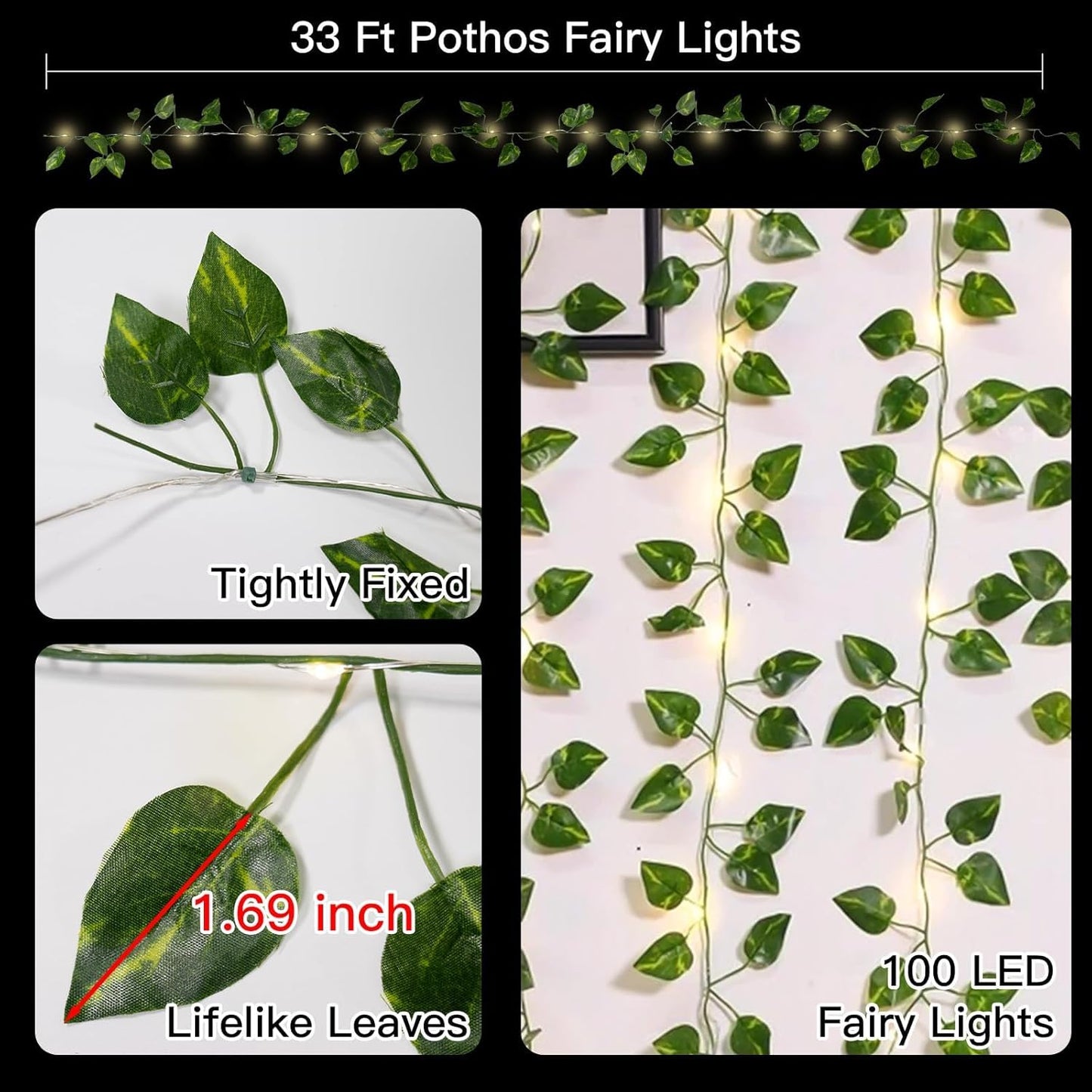 suddus Vine with Fairy Lights Battery Operated, 33ft100 LED Pothos String Lights with Remote, Leaf Lights for Bedroom, Room, Wall, Garden, Party, Wedding Decor(Warm White)