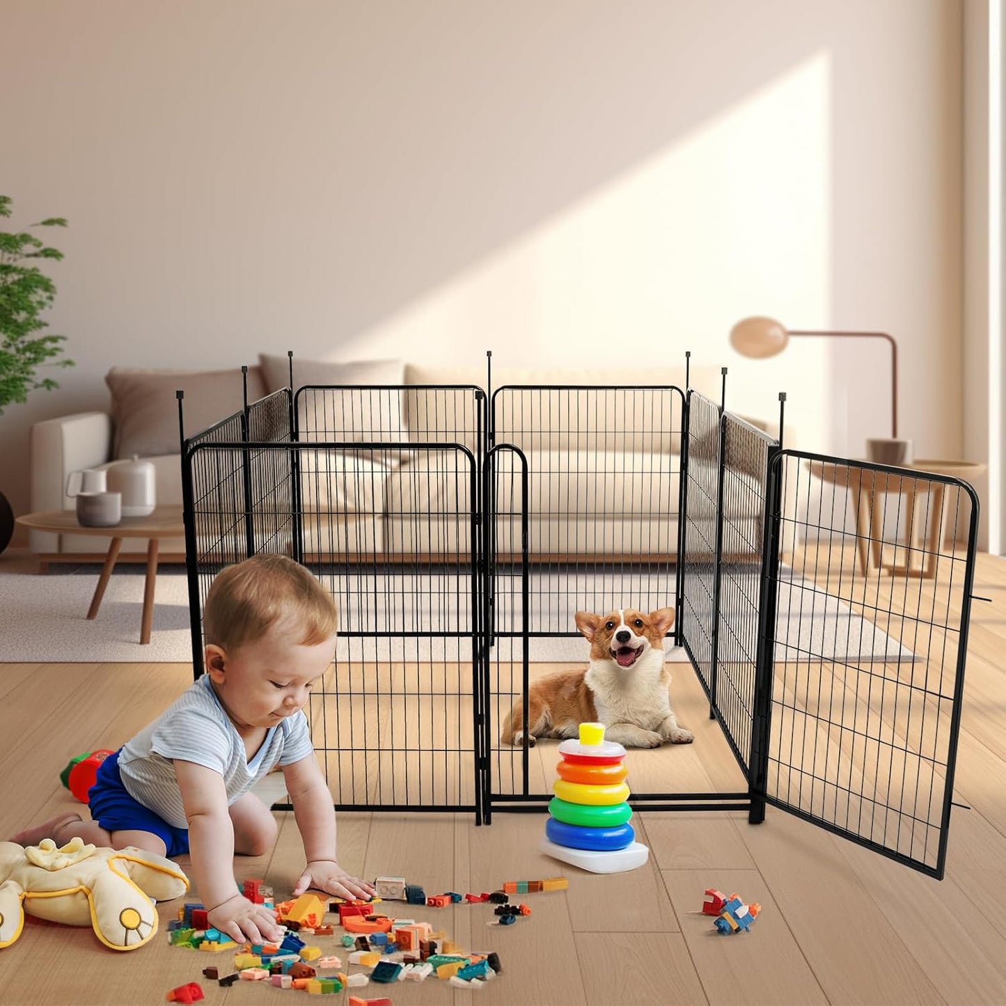 Garden Fencing 48in High, 12 Panels Total 26.6Ft(L) Dog Fence Outdoor for Yard, Gate 21 in Wide with Low Sills. Black Metal Fencing for Yard 4ft Tall, Garden Fences, Animal Barrier Fence
