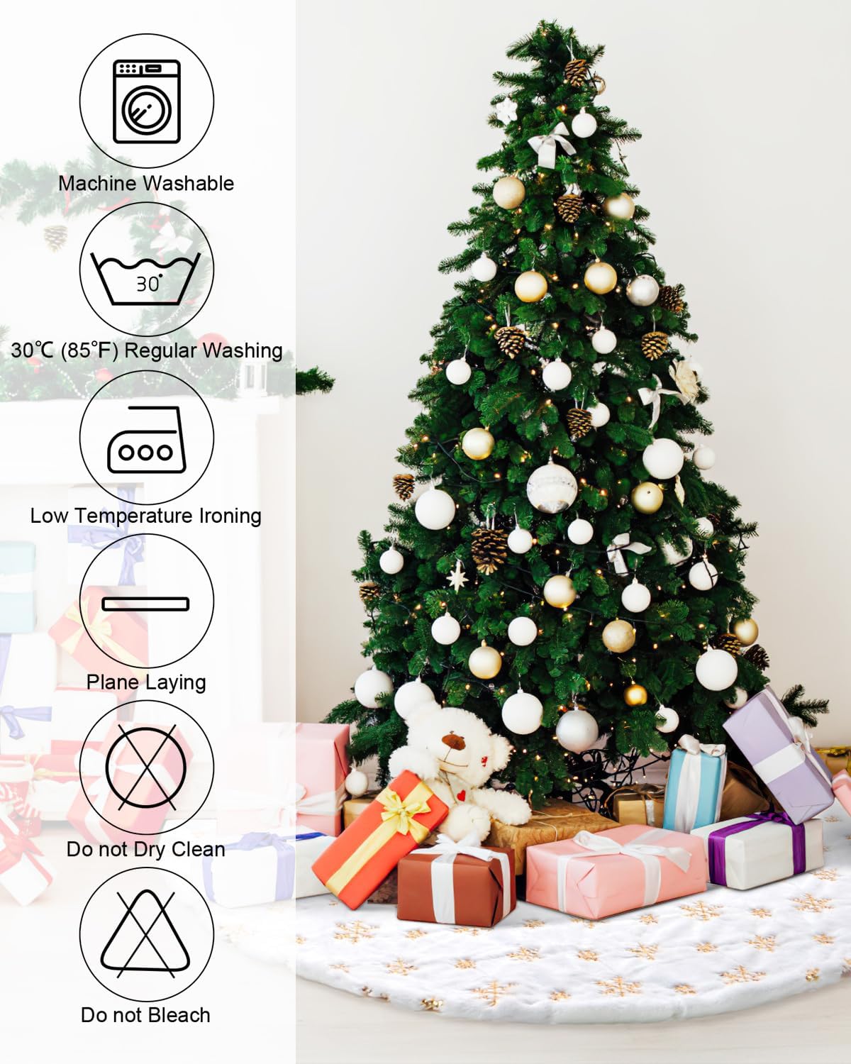 COOLWUFAN 48 Inches Christmas Tree Skirt for Xmas Tree Holiday Party Decoration White Plush Gold Sequin Snowflake (Gold)