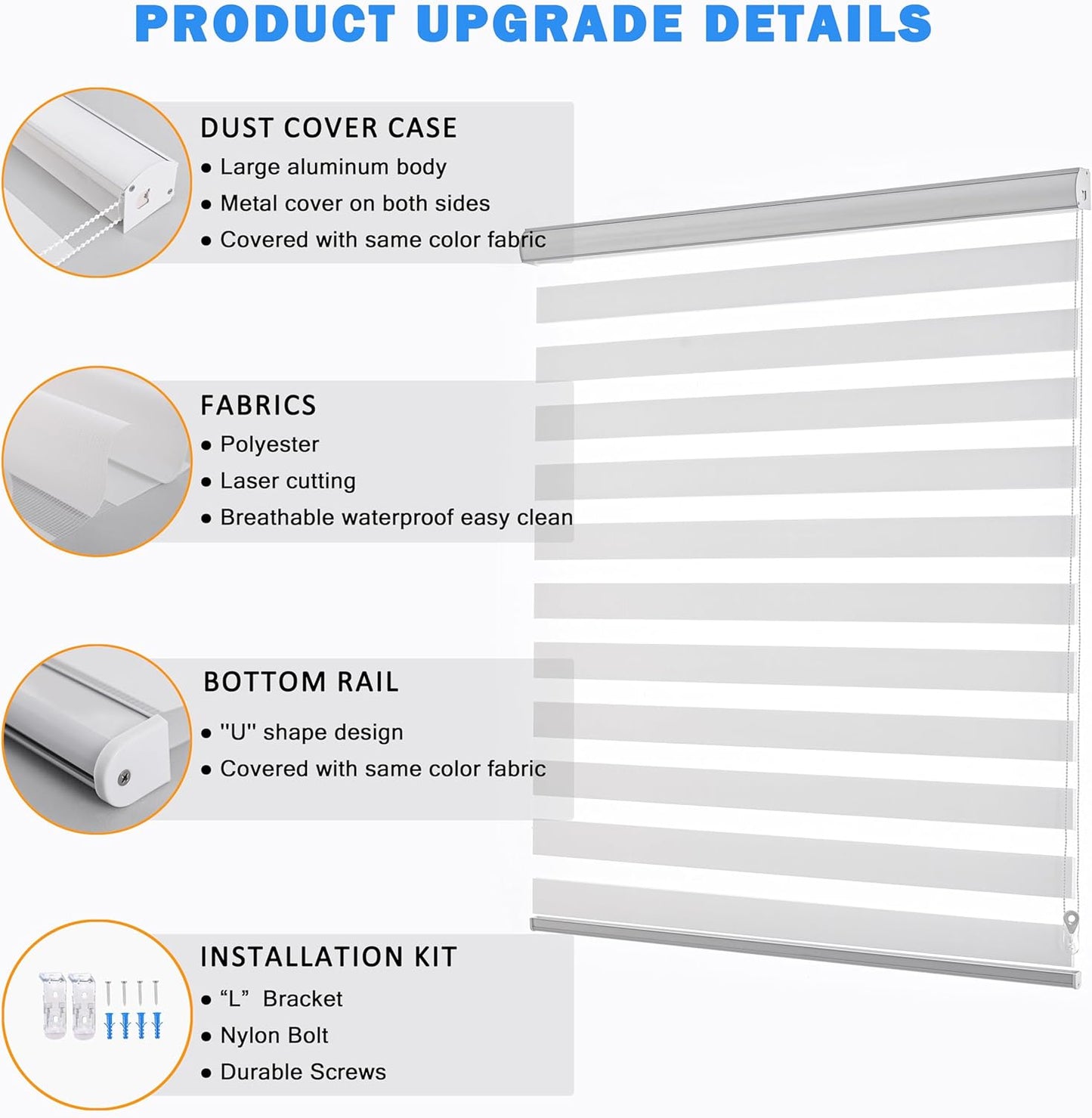 Zebra Blinds for Windows Dual Layer Light Filtering Privacy Free-Stop Sheer Shades Light Control for Indoor Windows Zebra Shades for Living Room(70" W X 72" H, White)