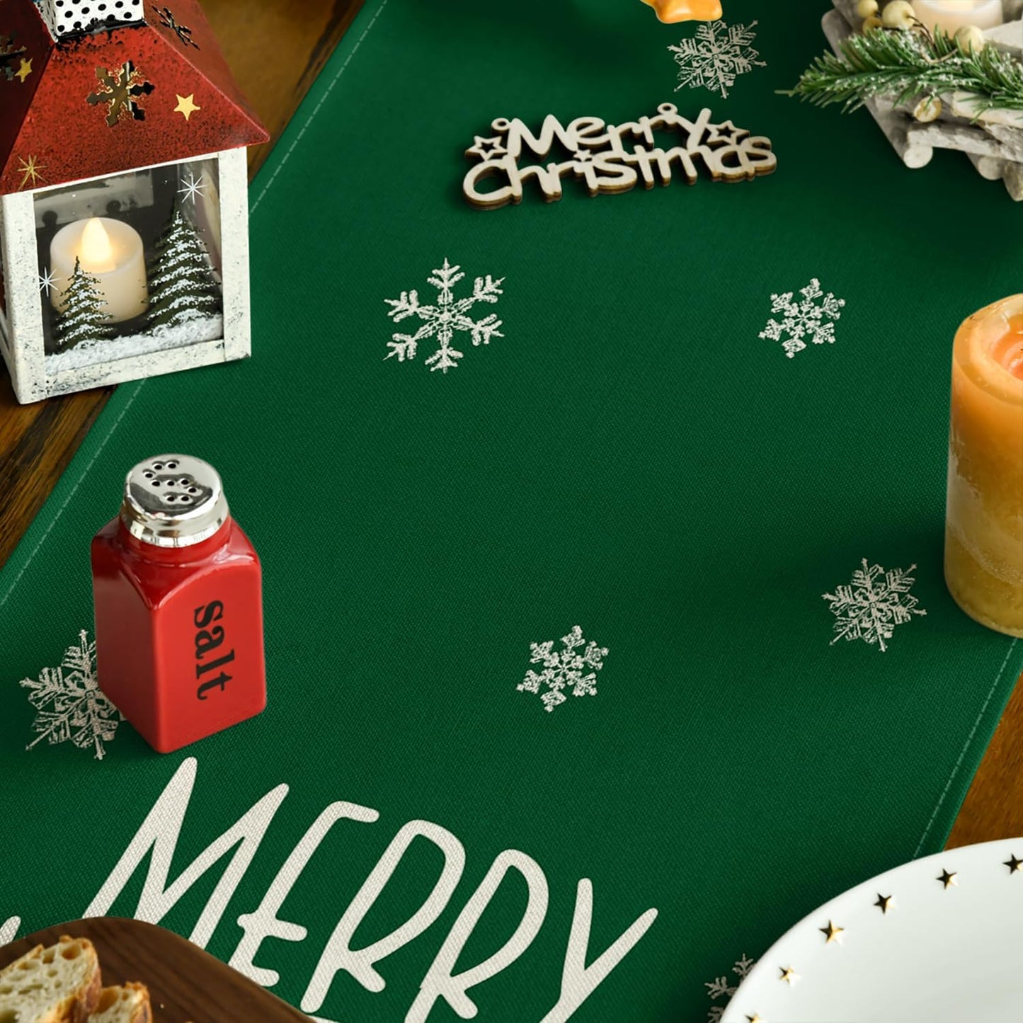 Artoid Mode Xmas Trees Snowflakes Green Merry Christmas Table Runner, Winter Seasonal Kitchen Dining Table Decoration for Home Party Decor 13x72 Inch