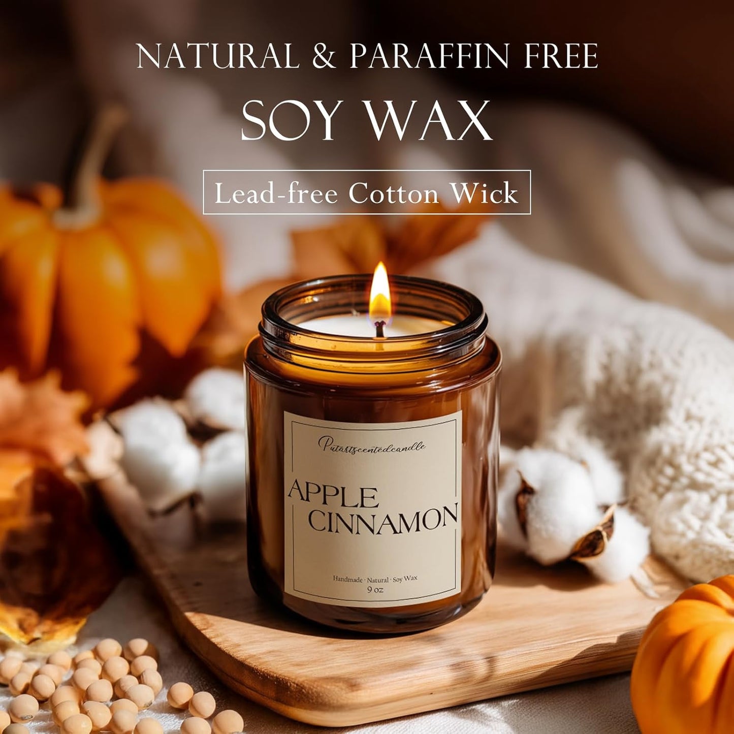Cinnamon Apple Scented Candles for Home, Natural Soy Wax Aromatherapy Candle Gifts for Men & Women, Highly Scented & Long Lasting Non Toxic Jar Candle for Stress Relief (9oz)