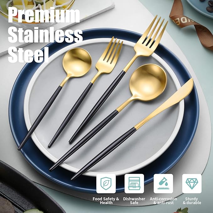 Matte Black Gold Silverware Set for 4,Modern Stainless Steel Brushed Cutlery Set,20-Pieces Heavy Duty Flatware Set,Knives Spoons and Forks Set Utensils Set, Satin Finish, Dishwasher Safe