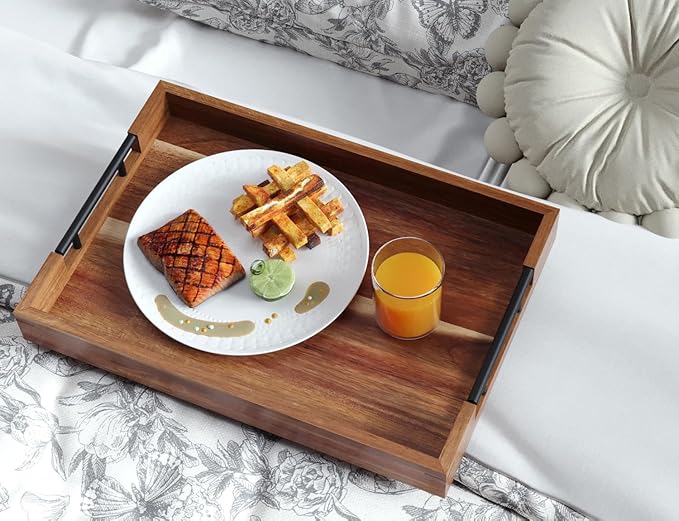 Acacia Wood Serving Tray with Metal Handles,17x12in Ottoman Decorative Trays Platter for Coffee Table,Living Room,Bar,Party(Large)
