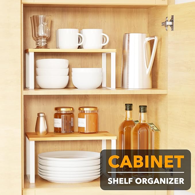 SpaceAid Cabinet Shelf Organizers 2 Pack, Kitchen Counter Rack Shelves Riser, Stackable Expandable Spice Rack, Pantry Cupboard Storage Organization (White and Natural, Short)
