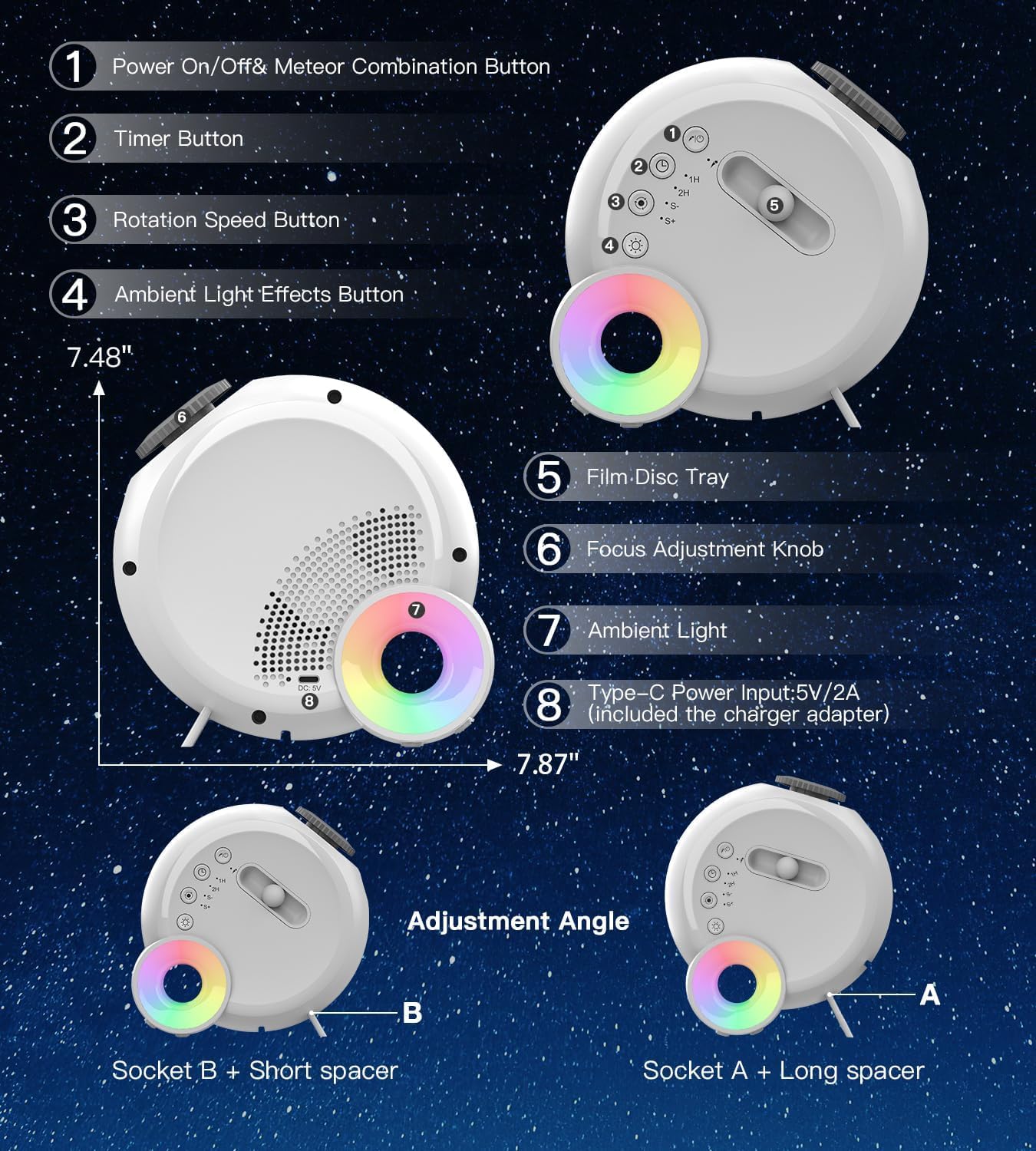 Galaxy Projector for Bedroom,4K Image Planetarium Projector Adjustable Knob,13 in 1 Kids Night Light Projector with Built-in Bluetooth Speaker & White Noise,360° Rotating with Remote Timer (White)