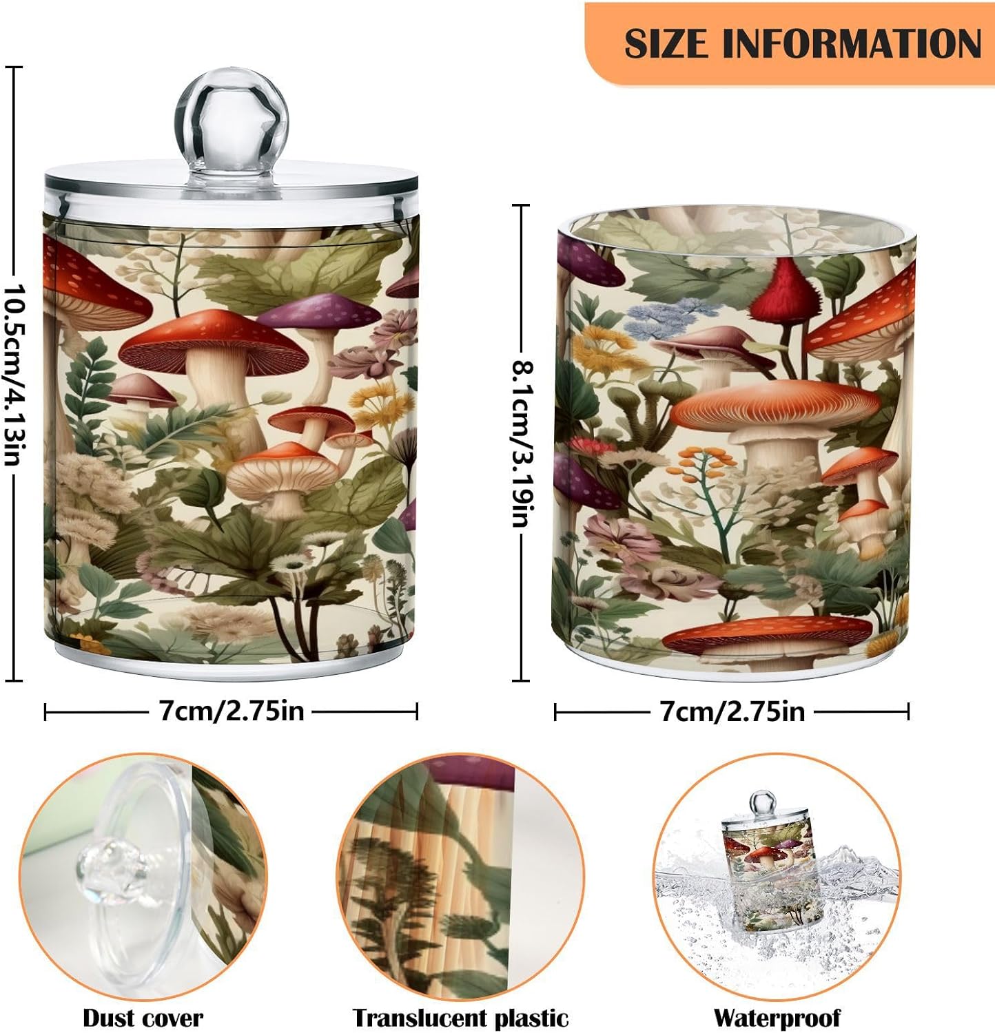 Cartoon Mushroom 2PC Airtight Transparent Plastic Storage Jar, Food Storage Container Glass, Can Store Candy, Salt, Coffee Beans, With lid, Easy To Use