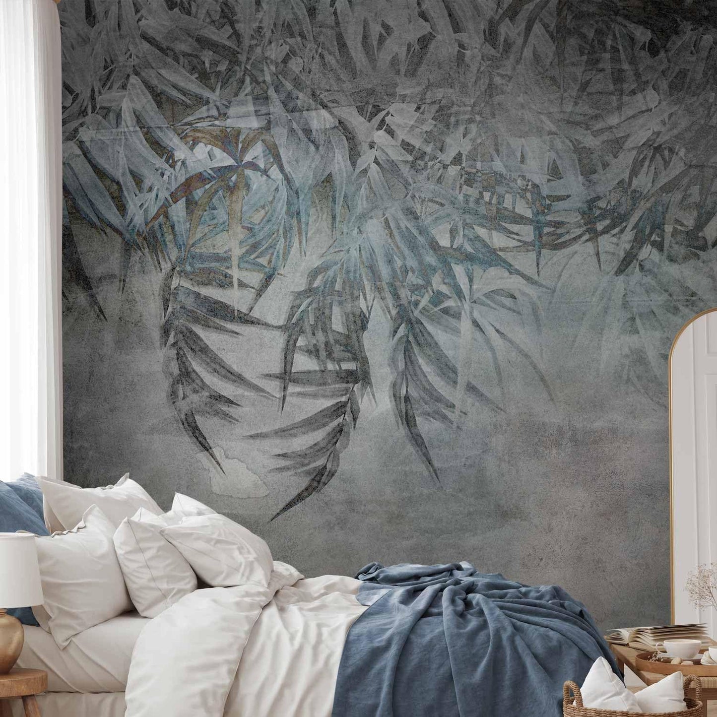 artgeist Wall Mural Leaves 193x138 in - XXL Peel and Stick Self-Adhesive Wallpaper Removable Large Sticker Foil Wall Decor Print Picture Image Design Palm Leaves Concrete Nature Grey b-C-10103-a-a