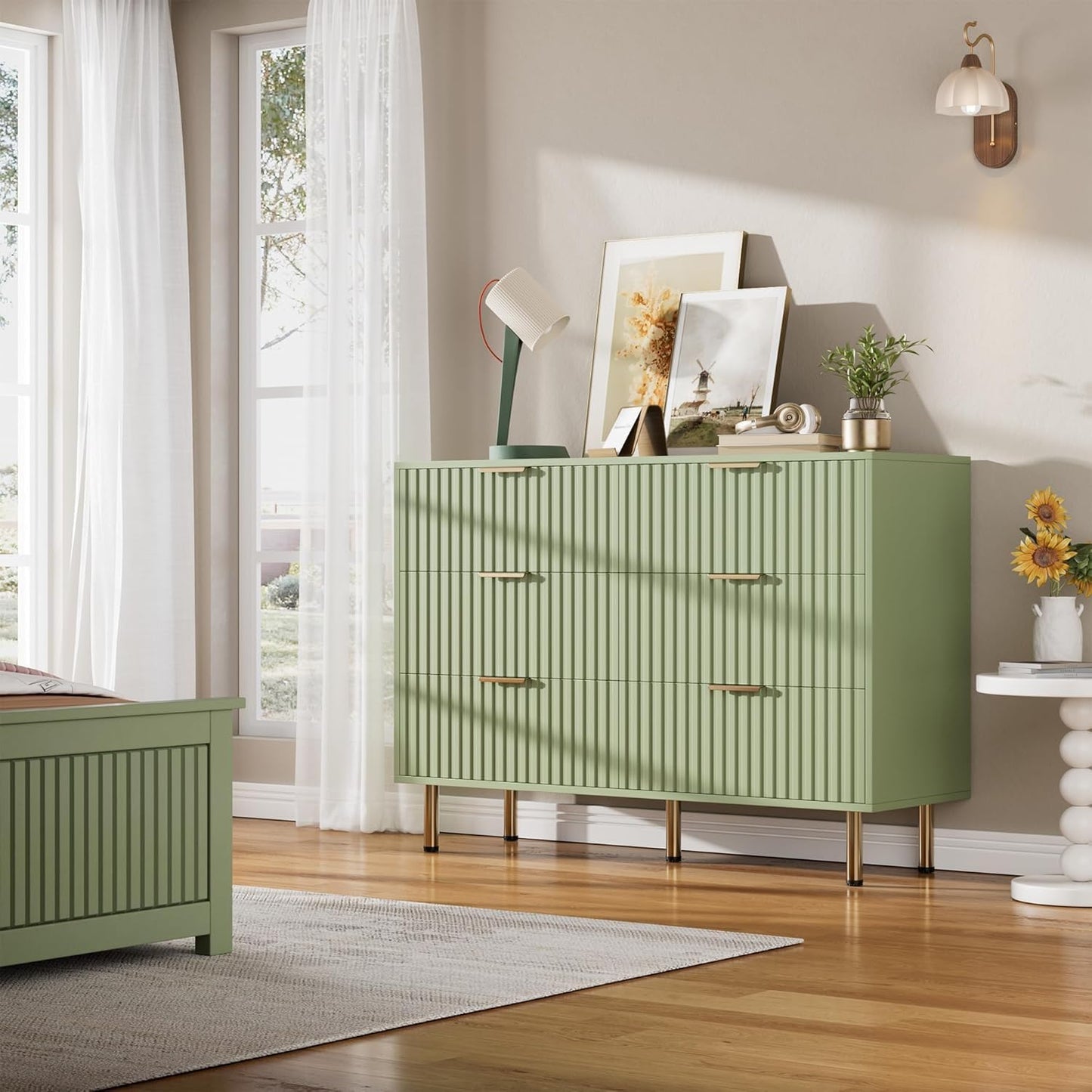 Green 6 Drawer Dresser for Bedroom, Fluted 47.2" Wide Modern Chest of Drawers with Deep Drawers, Long Large Double Dresser TV Stand for Living Room, Hallway, Kids Room