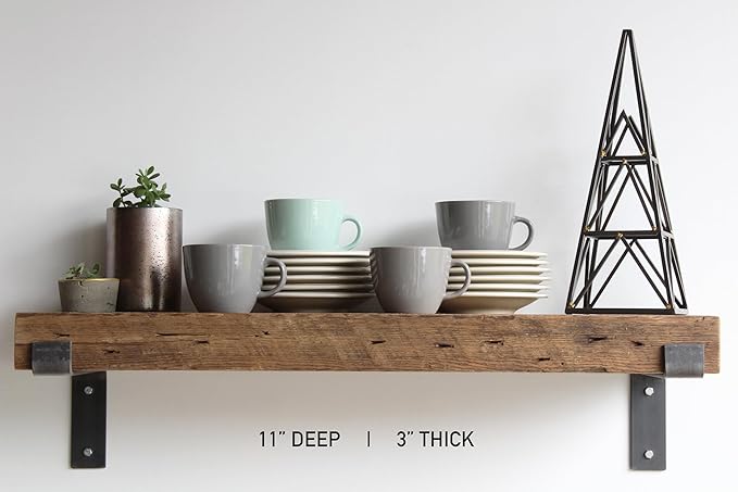 Urban Legacy Reclaimed Barn Beam Deep Shelves | Deep Shelves with Brackets Included, Set of 2 | (Natural Full Profile Bracket, 24" x 11" x 3")