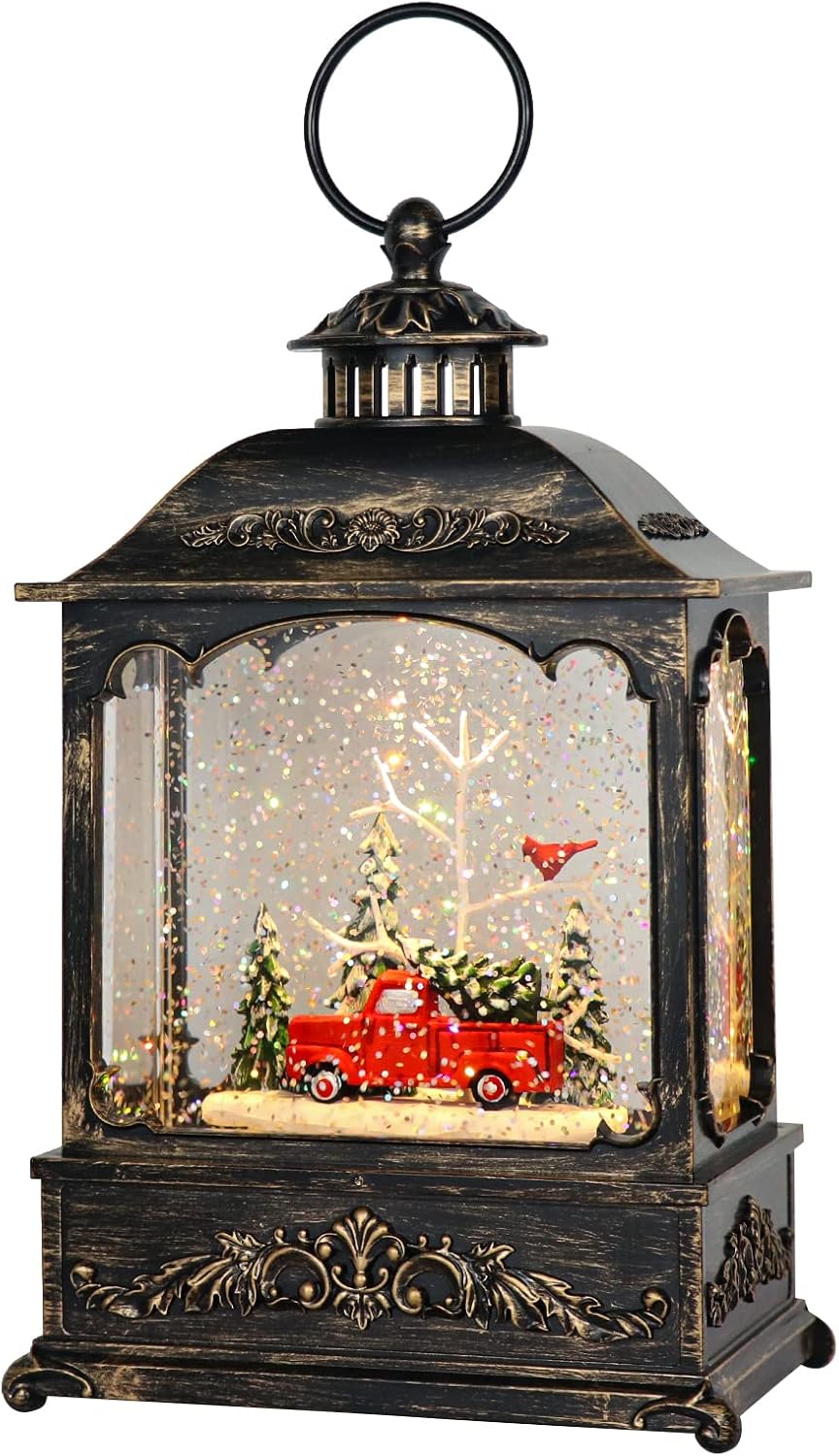 GenSwin Christmas Car Snow Globe Lantern Battery Operated Water Swirling Glitter with 6H Timer, Musical LED Lighted Scene for Christmas Home Decoration Gift