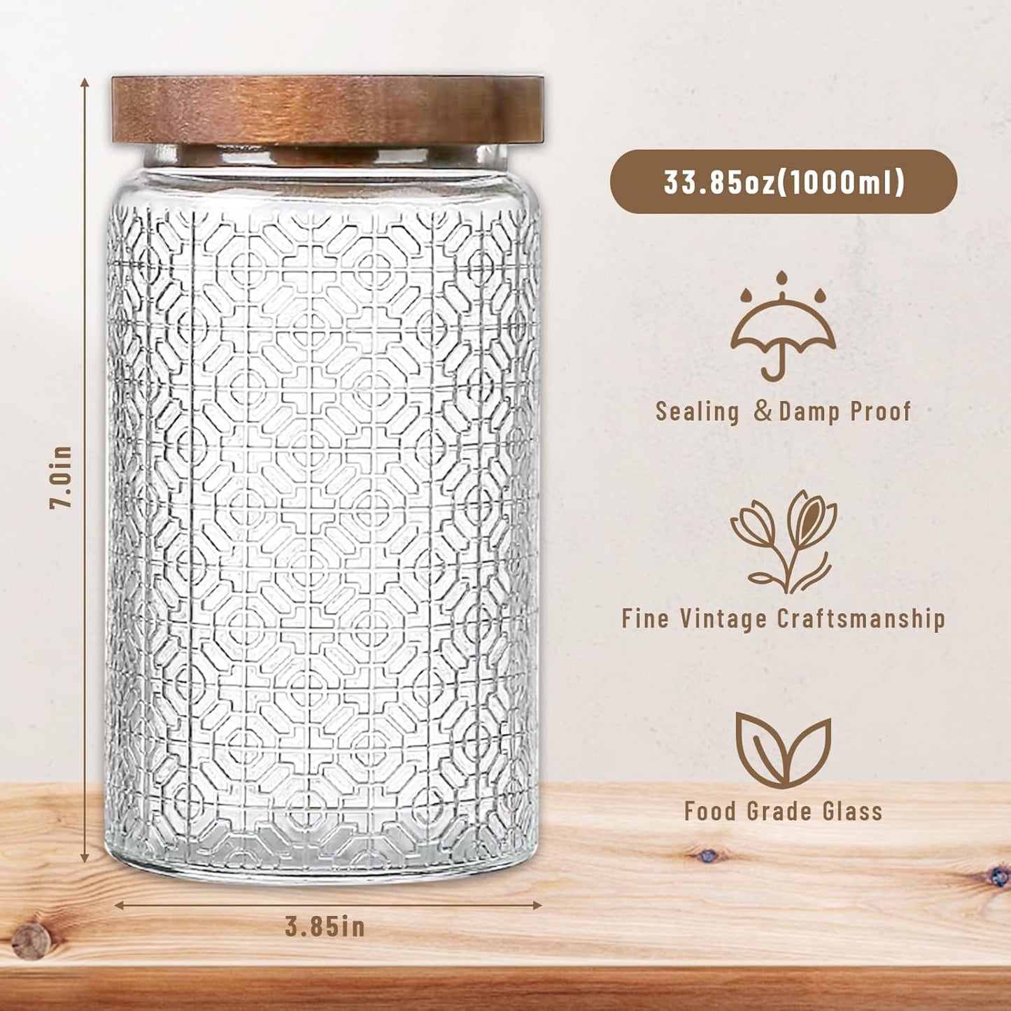 Vintage Glass Jars with Wooden Lids, 34 oz Airtight Glass Food Storage Containers Sets for the Kitchen, Sugar Candy Coffee Cookie Tea Spice Pasta