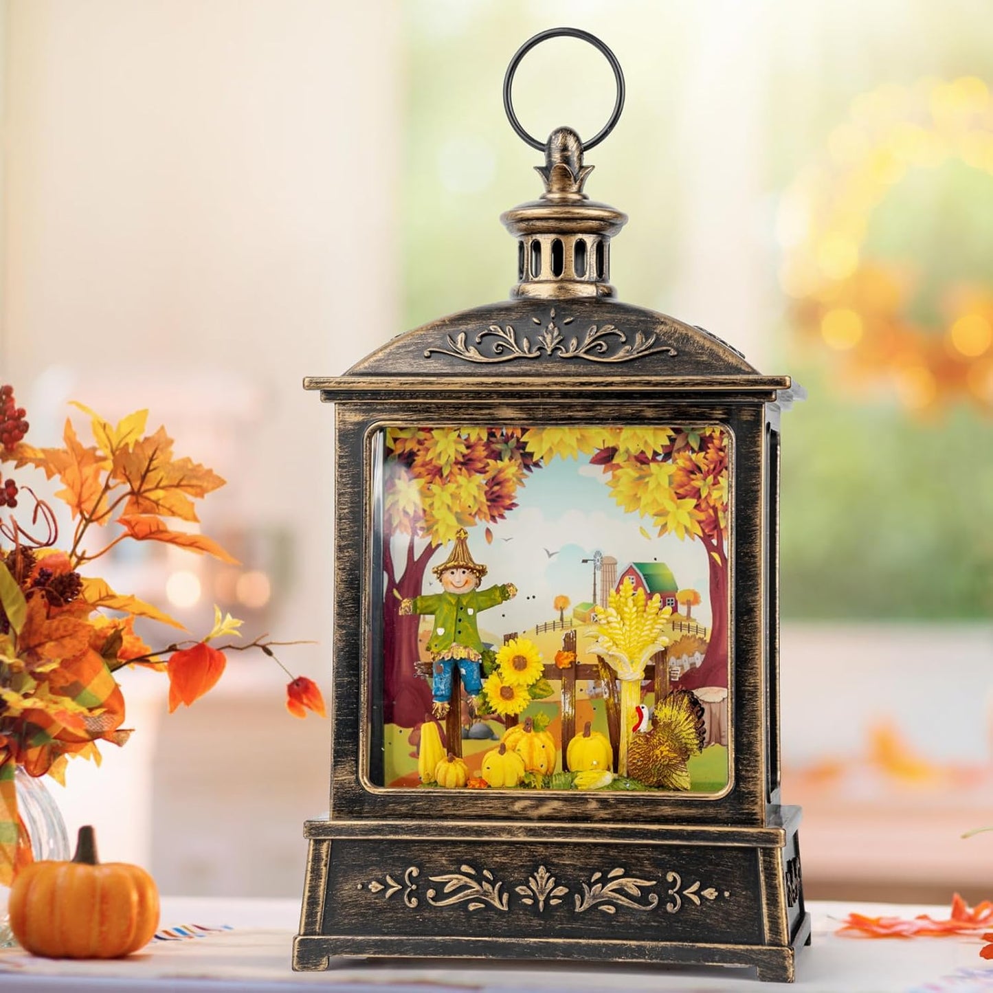 12.5'' Fall Snow Globe Lantern - Scarecrow and Turkey Lighted Water Lantern with Swirling Glitter Fall Decorations for Home, Thanksgiving, Autumn Harvest Fall Decor