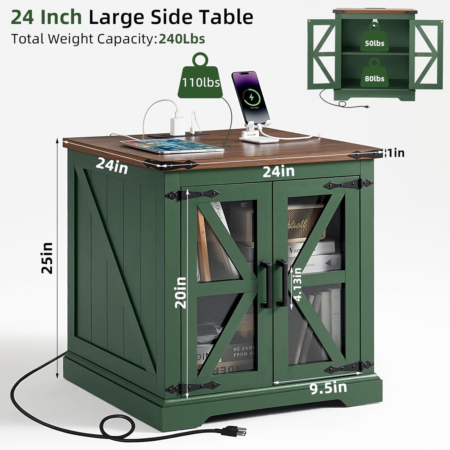 24" End Table Set of 2 with Charging Station, Farmhouse Night Stand with Glass Barn Door, Nightstands with Adjustable Storage Shelf, Large Wood Square Bed Side Table for Living Room, Bedroom