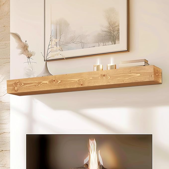 60x8x5 Fireplace Mantel - Handcrafted Rustic Solid Wood Wall Mounted Floating Shelf with Invisible Heavy Duty Wood Bracket (Natural)