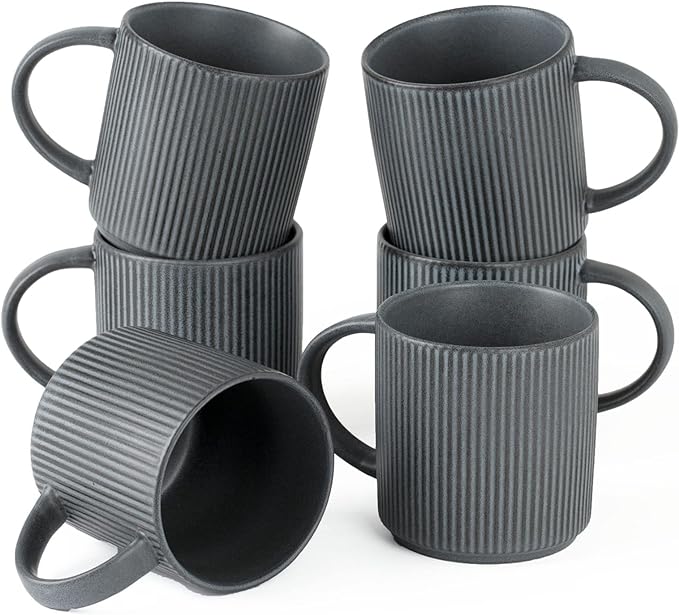 famiware Coffee Mug Set for 6, Star 12 oz Catering Mugs Cup Set with Handle for Coffee, Tea, Cocoa, Milk - Ceramic Stoneware Drinkware Set, Matte Dark Charcoal