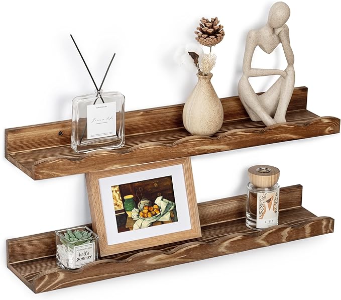 Fun Memories Picture Ledge Shelf for Wall, 24 inch Pine Wood Nursery Book Shelves Set of 2- Wall Book Shelves for Kids Room, Home Decor - Kitchen Spice-Carbonized