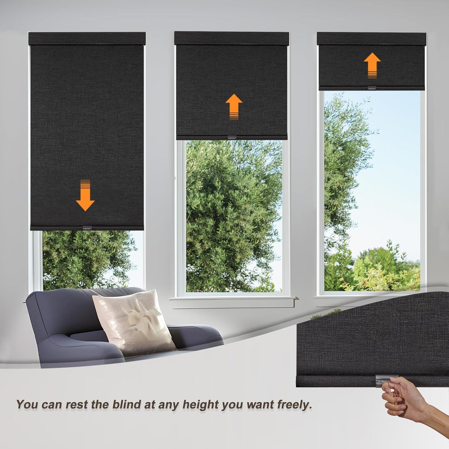 Persilux Free-Stop Cordless Blinds for Indoor Windows with Cover, Window Shades Blackout Roller Blinds, Thermal Insulated Fabric UV Protection for Kitchen, Office, Living Room, Black(45.5" W x 64" H)