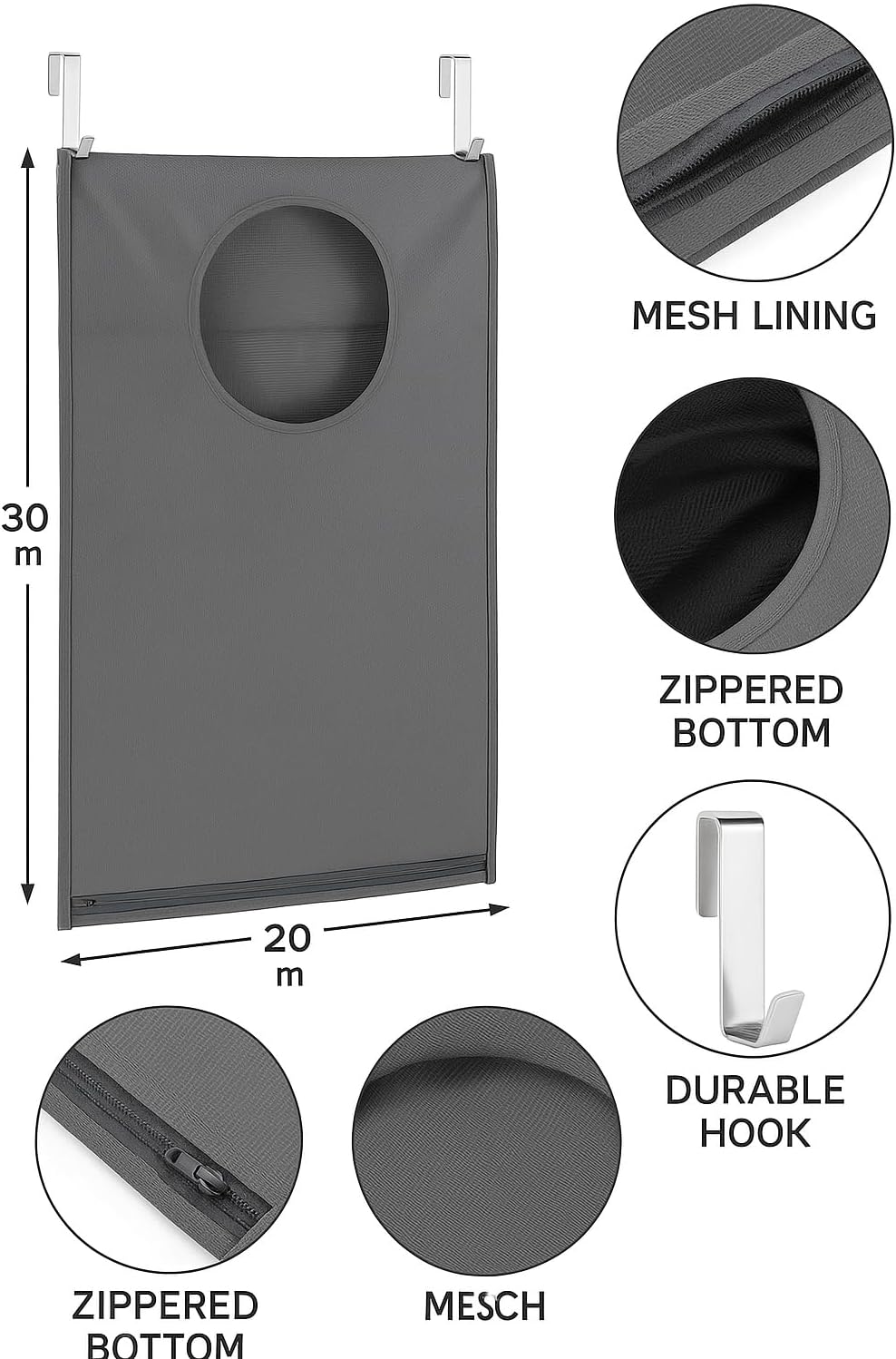 Hanging Laundry Hamper Bag – Space-Saving Dirty Clothes Storage with Free Adjustable Stainless Steel Over-the-Door Hooks & 2 Suction Cup Hooks – Ideal for bathrooms, bedrooms & dorms