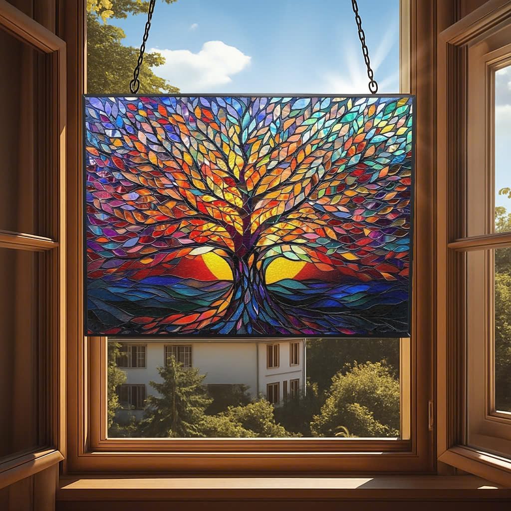 Rectangle Tree of Life Stained Glass Window Hanging Window Suncatcher Glass Panel with Metal Chain Sun Catchers Wall Art Home Decor Gift for Women Mother's Day