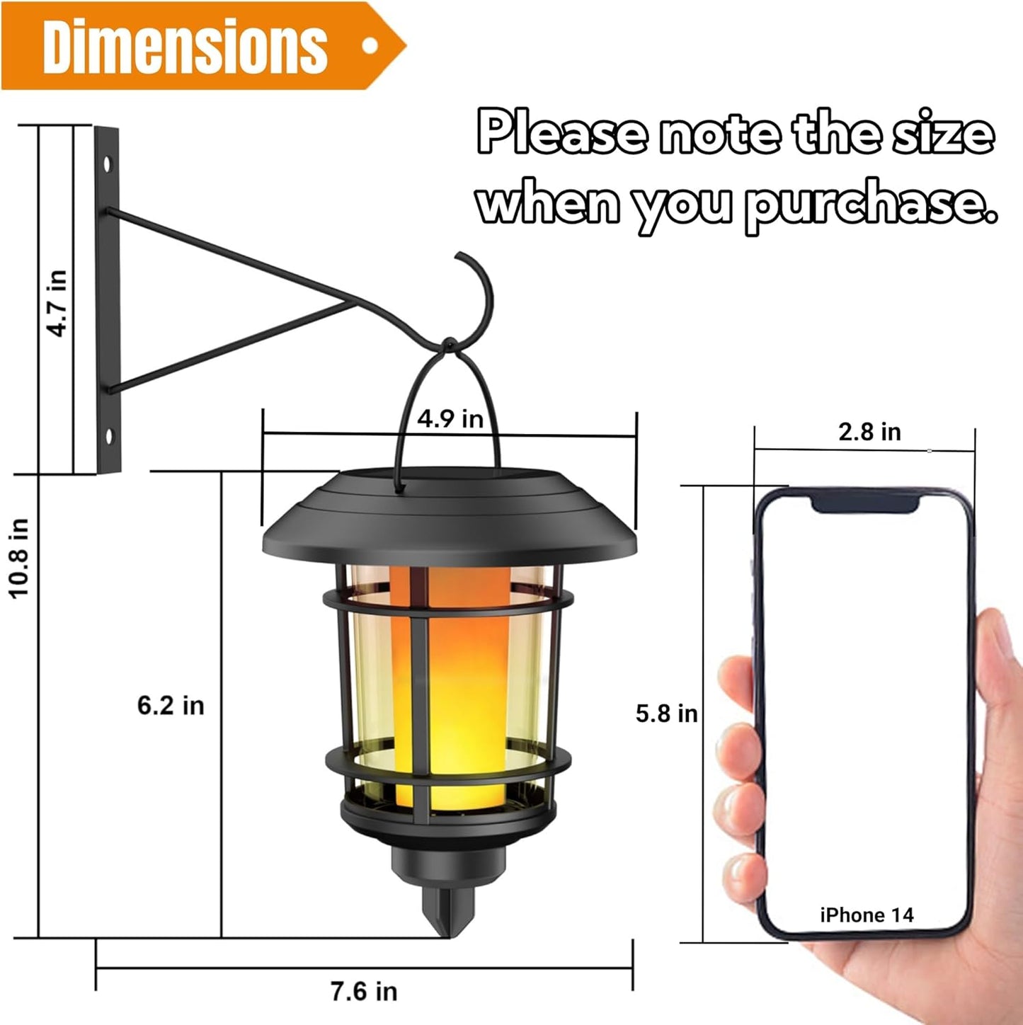 Dynaming Solar Flame Wall Lanterns, Outdoor Solar Wall Hanging Lights, Flickering Flame LED Lights Auto On/Off Wall Mounted Sconce Lights with Hooks, Waterproof for Garage Stair Patio Porch, 2 Pack