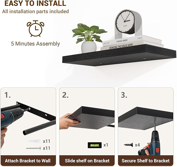 48 Inch Floating Shelves, 48"x9.25"x1.5" Inch Deep Floating Shelves for Wall, Wooden Shelves for Bathroom, Bedroom, Living Room, Black