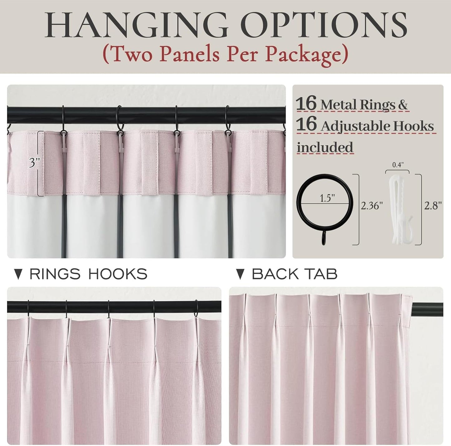 Pink Boho Blackout Curtains for Girls Room, Viral Pinch Pleated Linen Drapes Back Tab 96 Inches Long for Bedroom/Nursery Sound Dampening Heat Blocking Window Curtain (40" Wx96 Lx2 Panels)