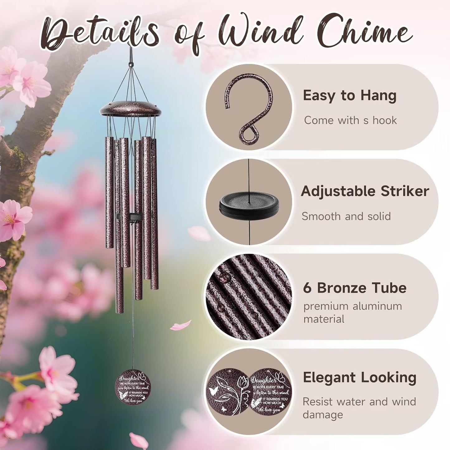 Gifts for Daughter, 25''Wind Chimes, Birthday Gifts for Daughter Adult,Unique Gift for Grown Daughters,Thanksgiving,Christmas Day Gift Ideas for Love Rreminder.